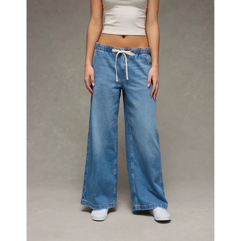 American Eagle Low Rise Ultra Wide Leg Jeans XL Light Wash Strigid Drawstring
